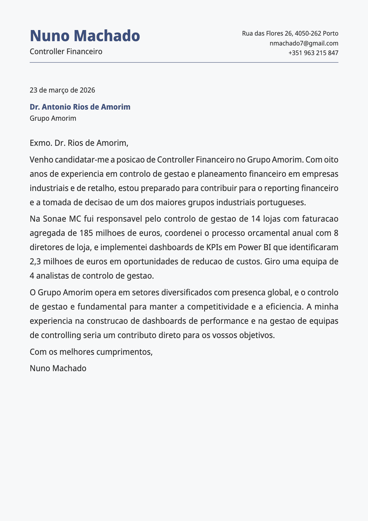 Controller Financeiro cover letter example