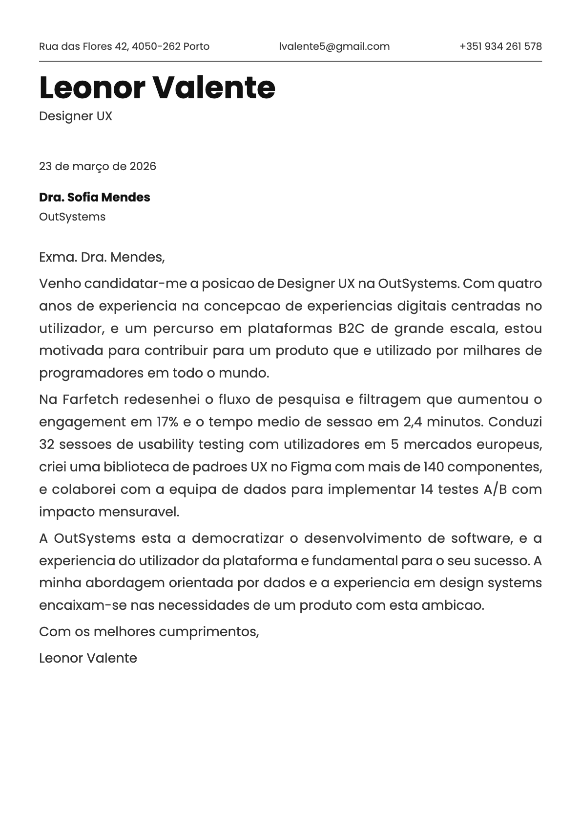 Designer UX cover letter example