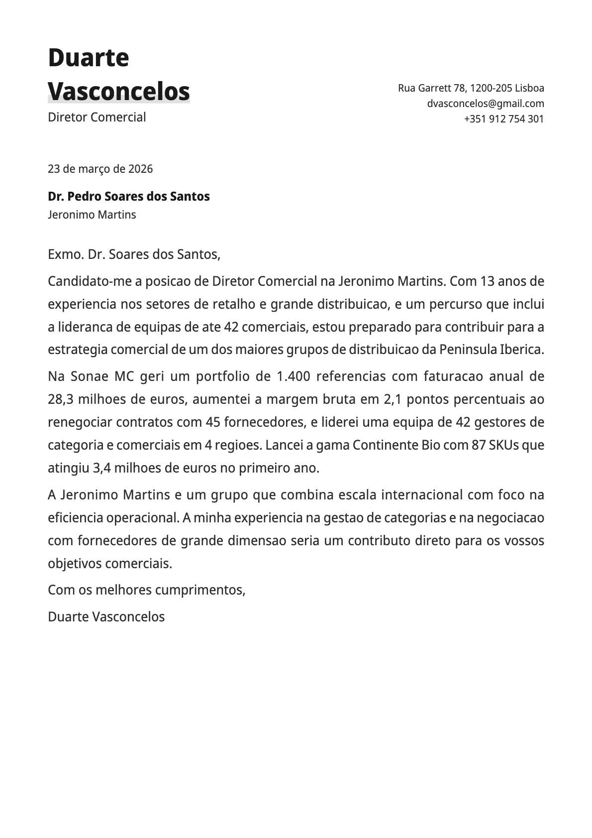 Diretor Comercial cover letter example
