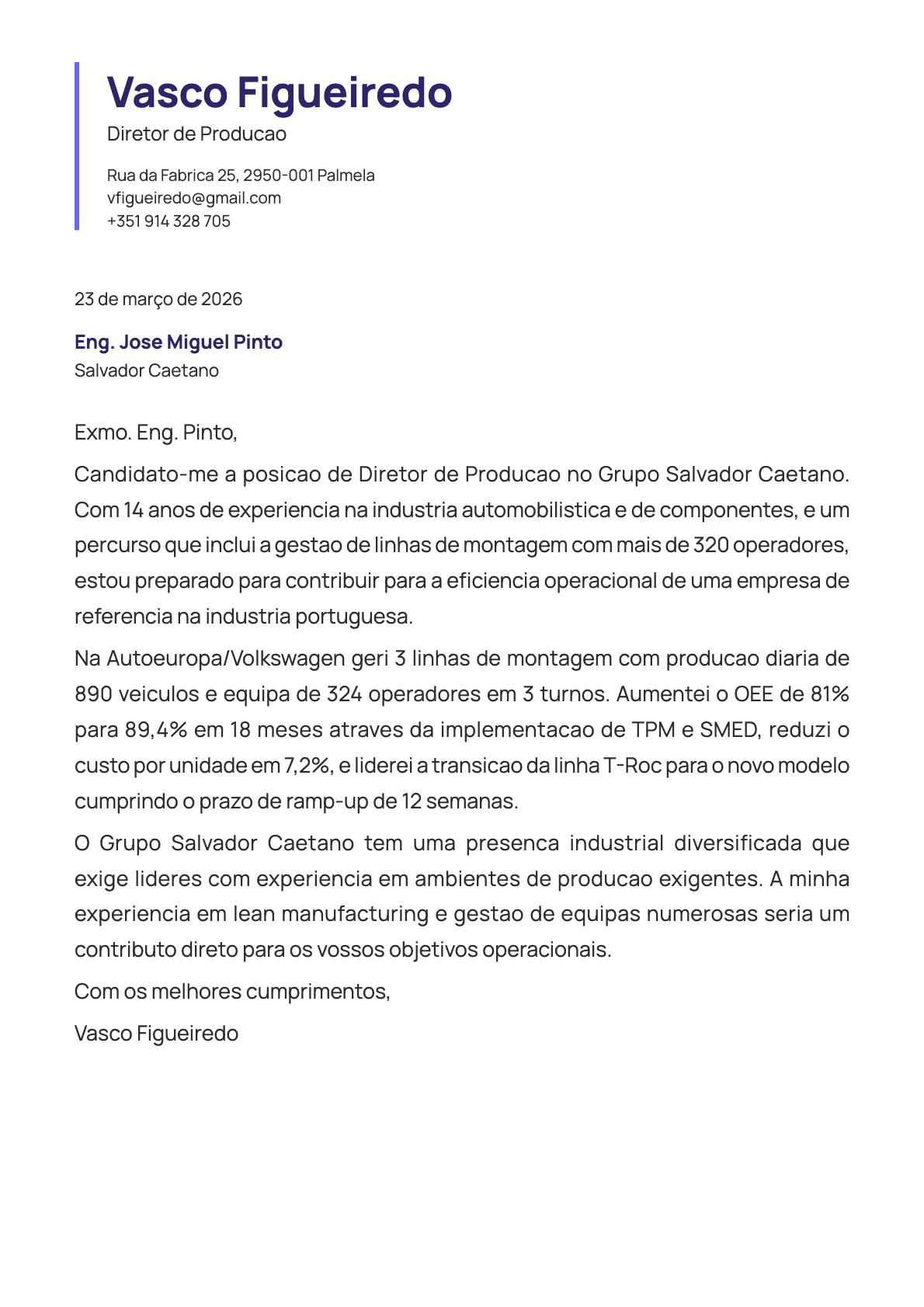 Diretor de Producao cover letter example
