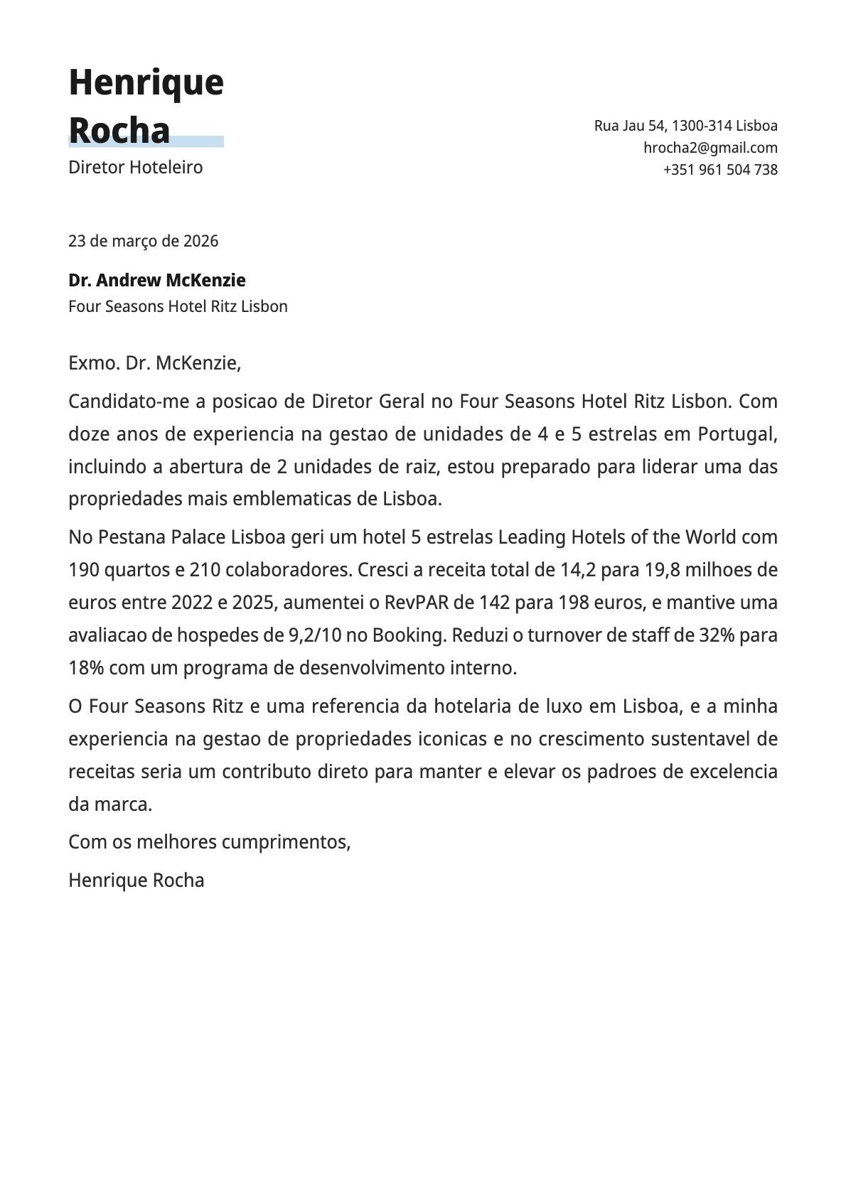 Diretor Hoteleiro cover letter example