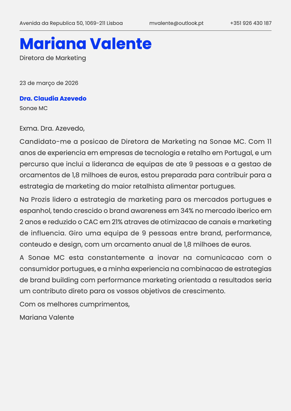 Diretor de Marketing cover letter example