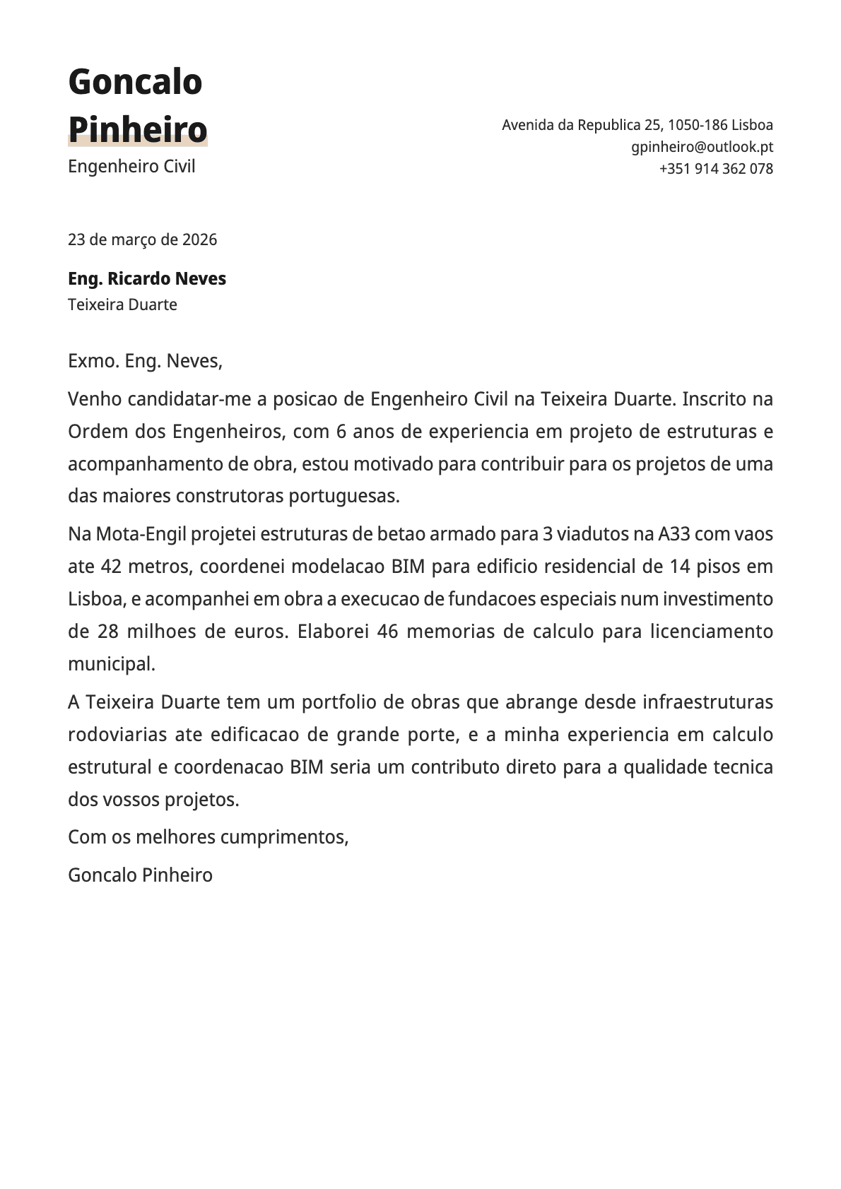 Engenheiro Civil cover letter example
