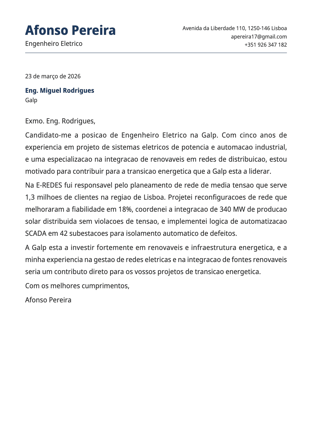 Engenheiro Elétrico cover letter example