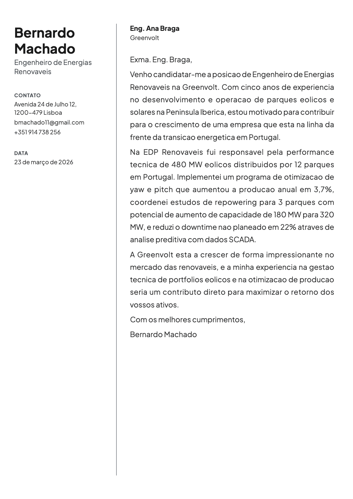 Engenheiro de Energias Renováveis cover letter example