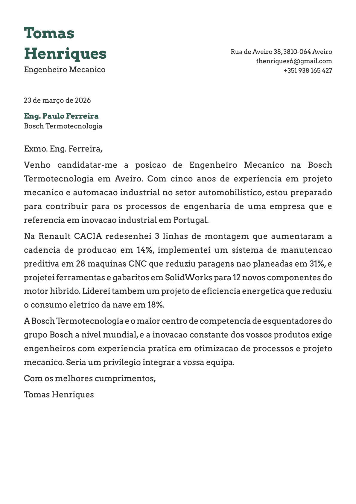 Engenheiro Mecanico cover letter example