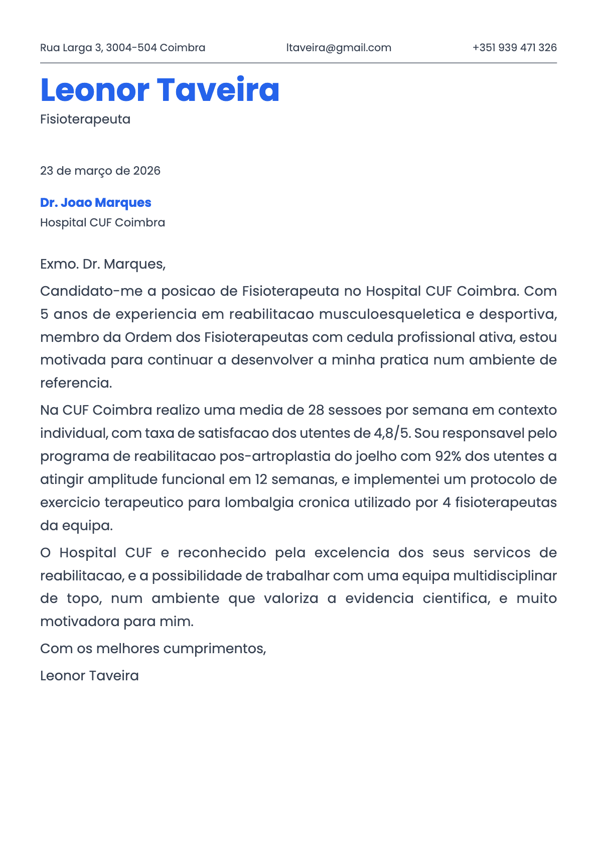 Fisioterapeuta cover letter example