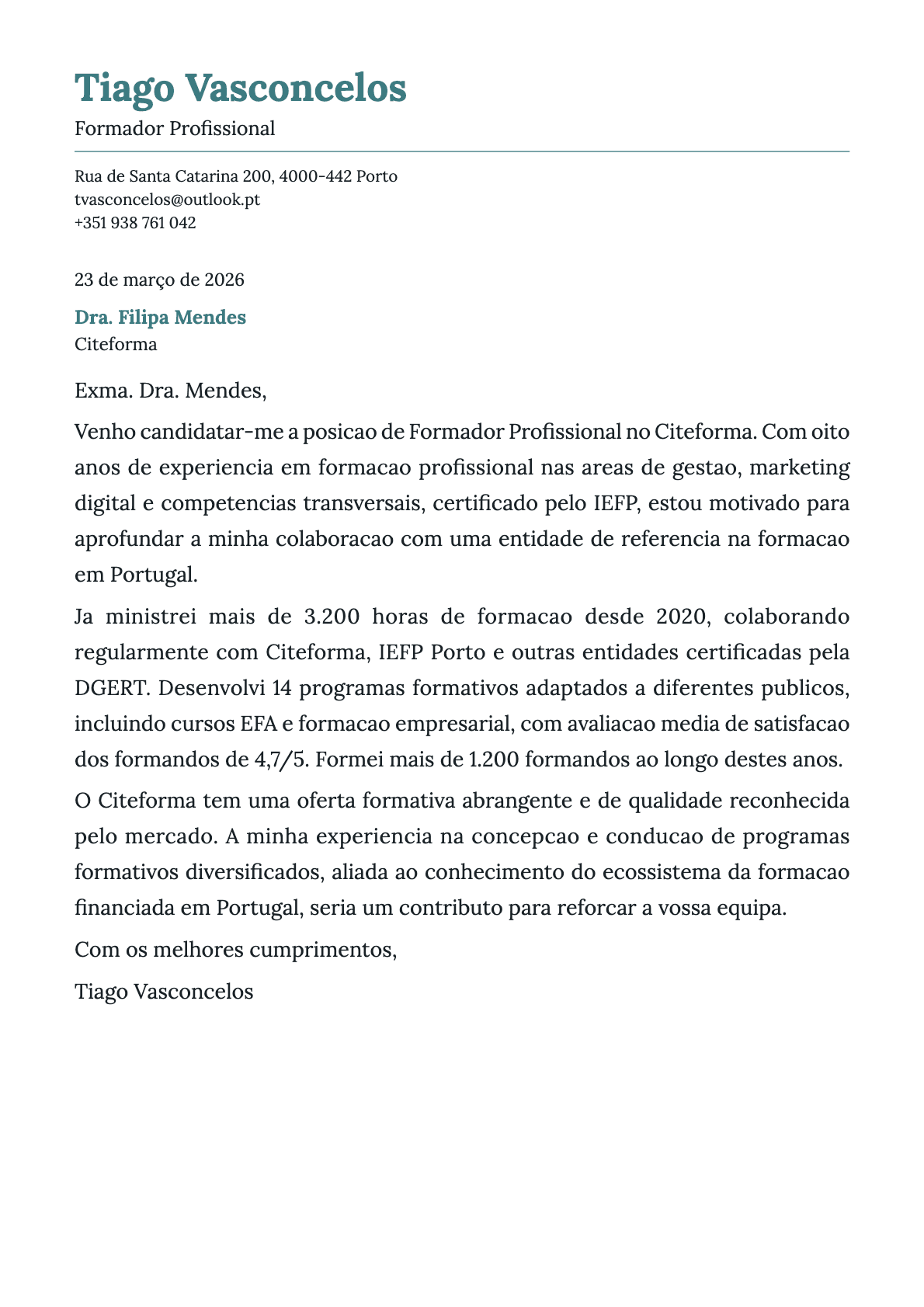 Formador Profissional cover letter example