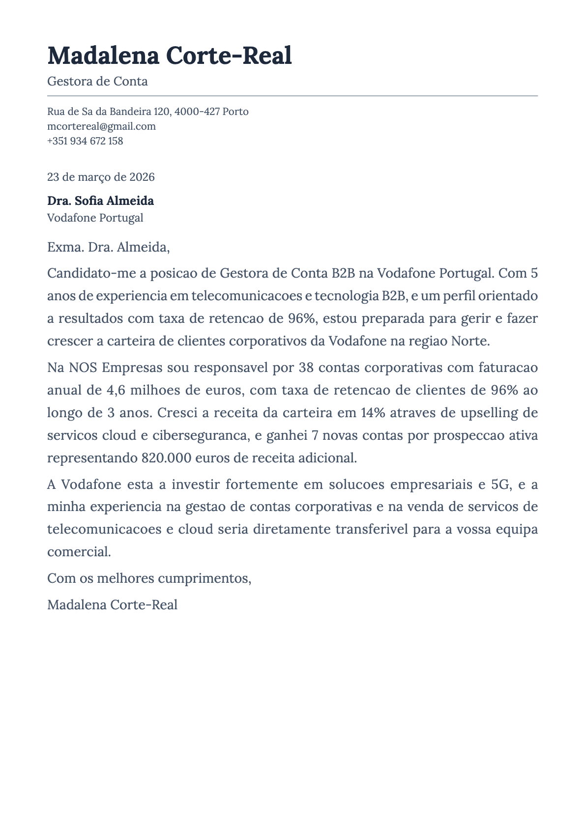Gestor de Conta cover letter example