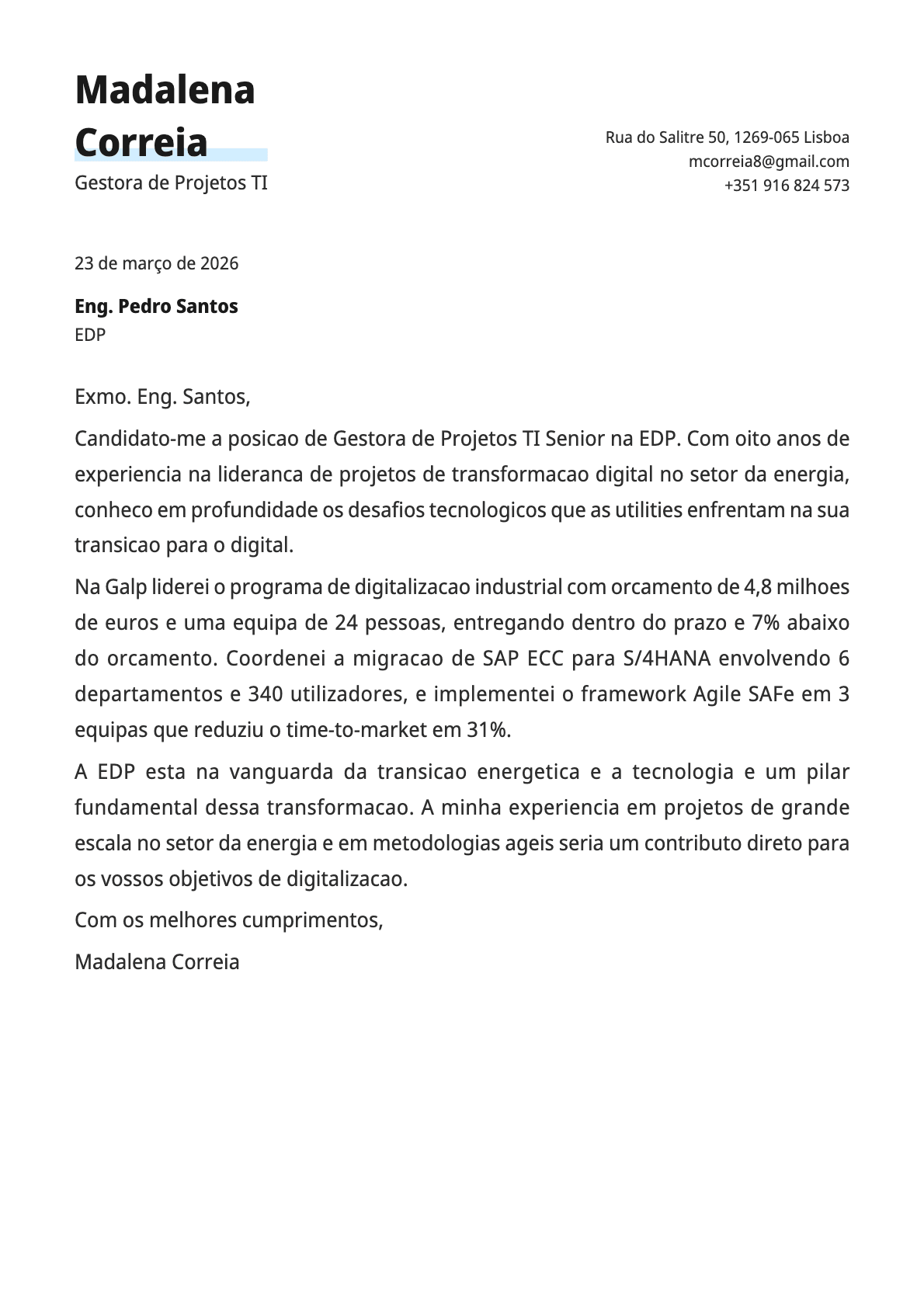 Gestor de Projetos TI cover letter example