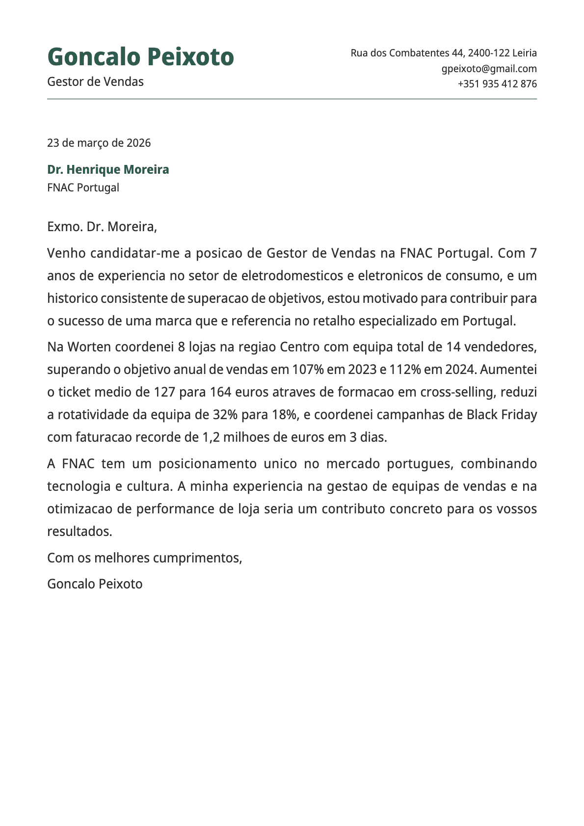 Gestor de Vendas cover letter example