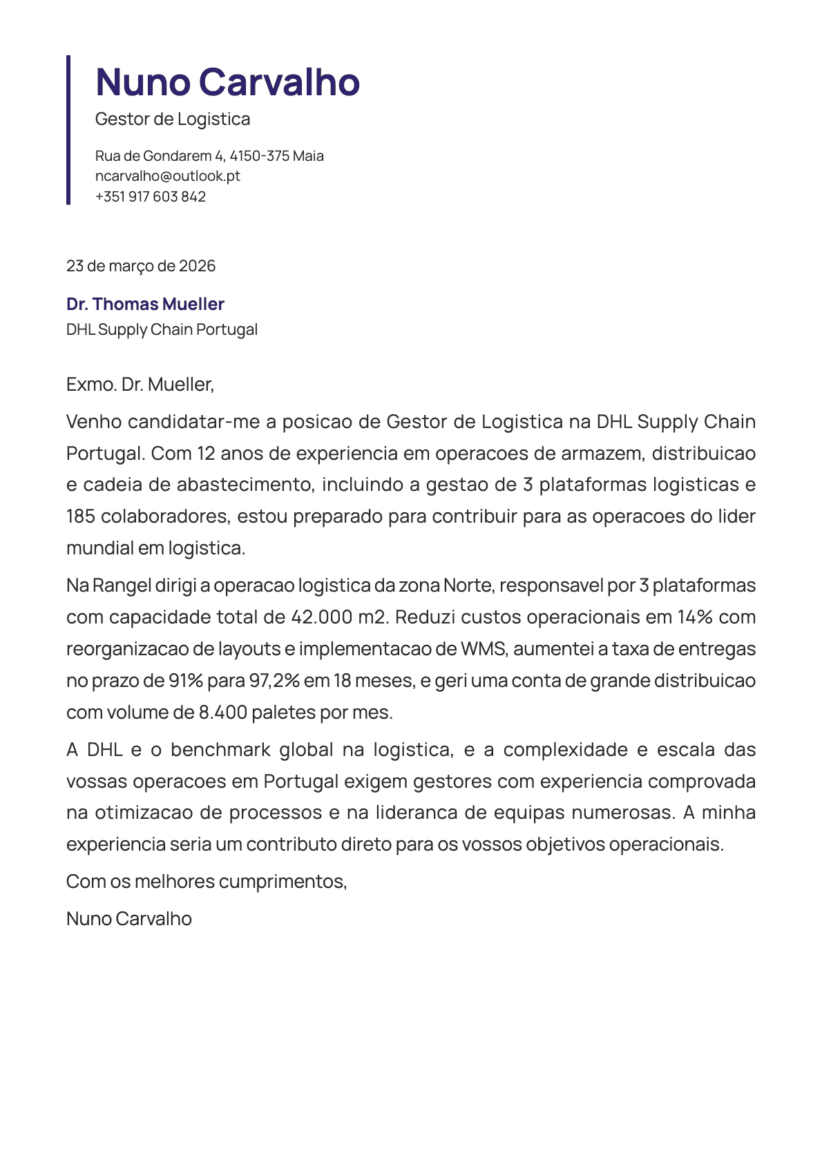 Gestor de Logística cover letter example