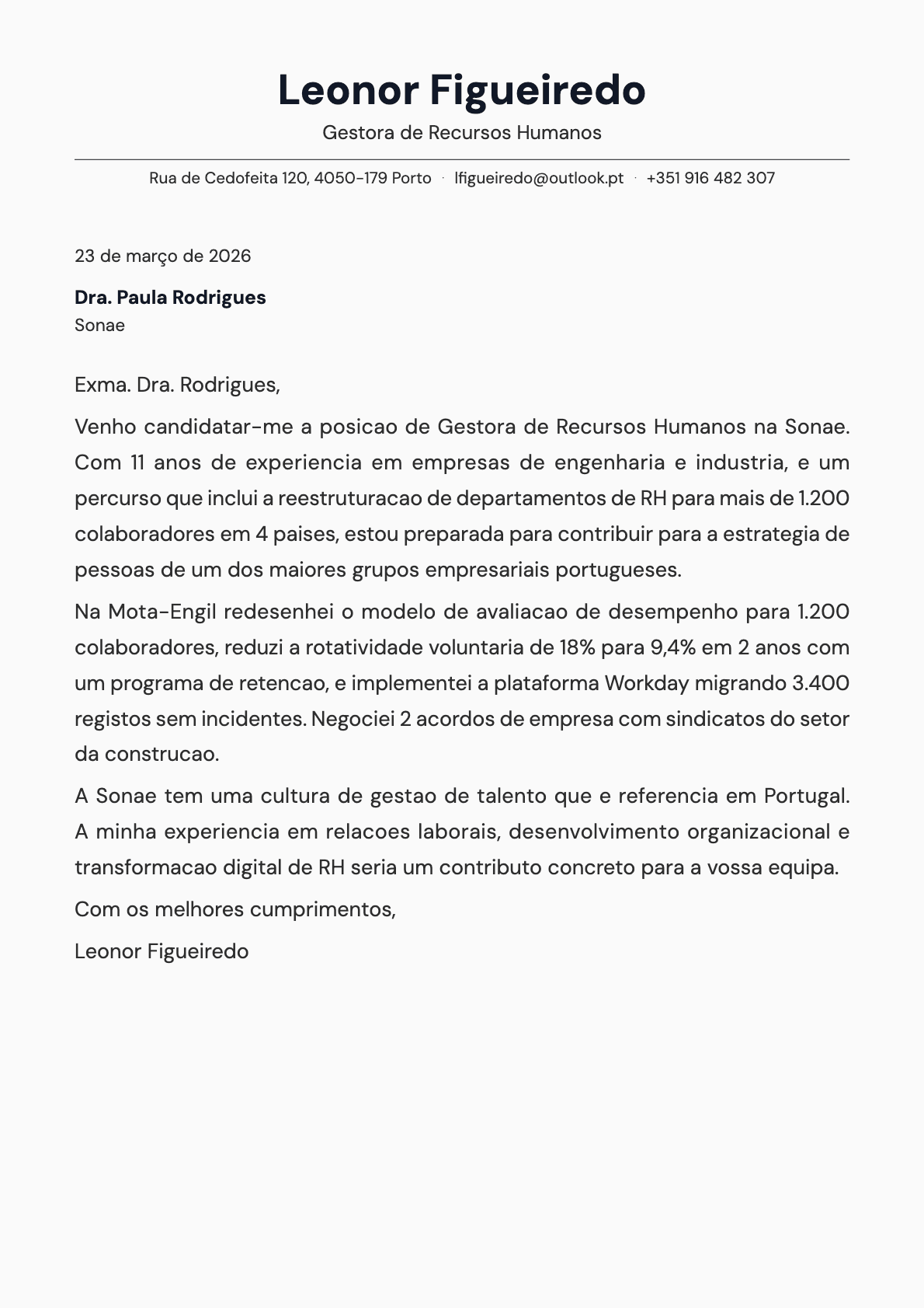Gestor de Recursos Humanos cover letter example