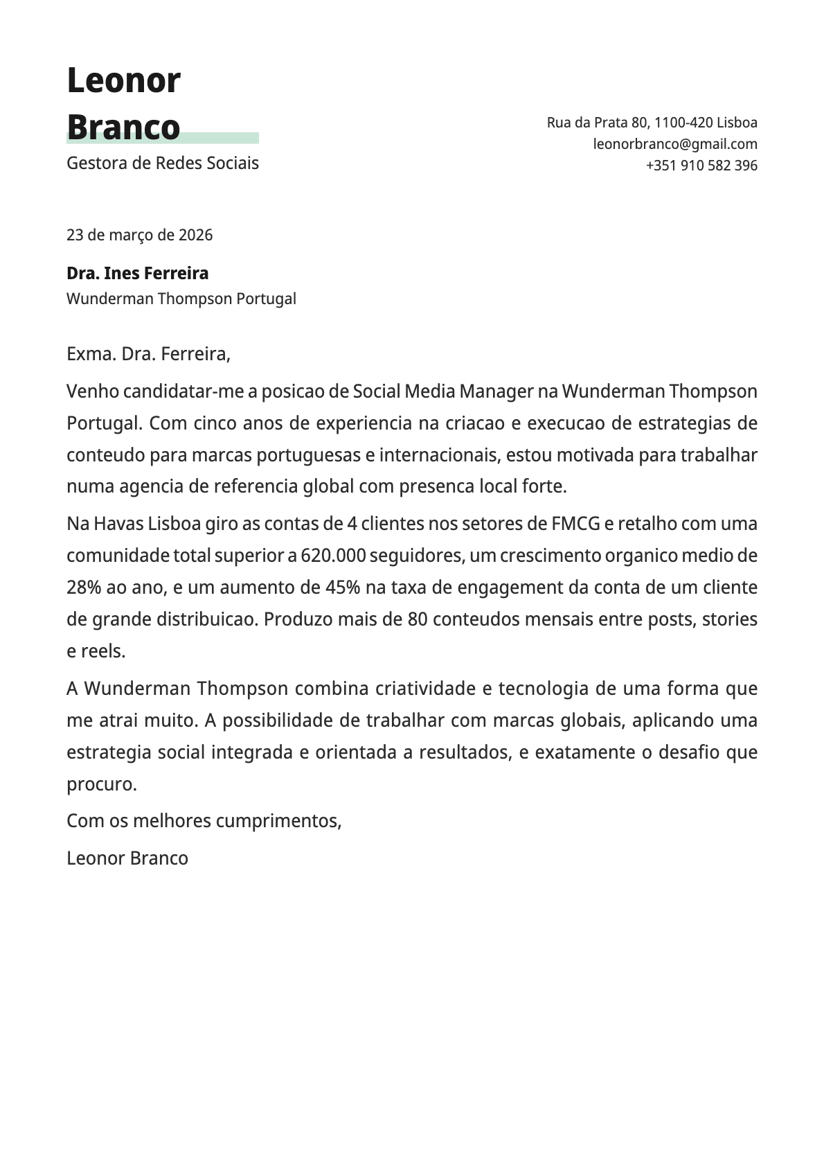 Gestor de Redes Sociais cover letter example