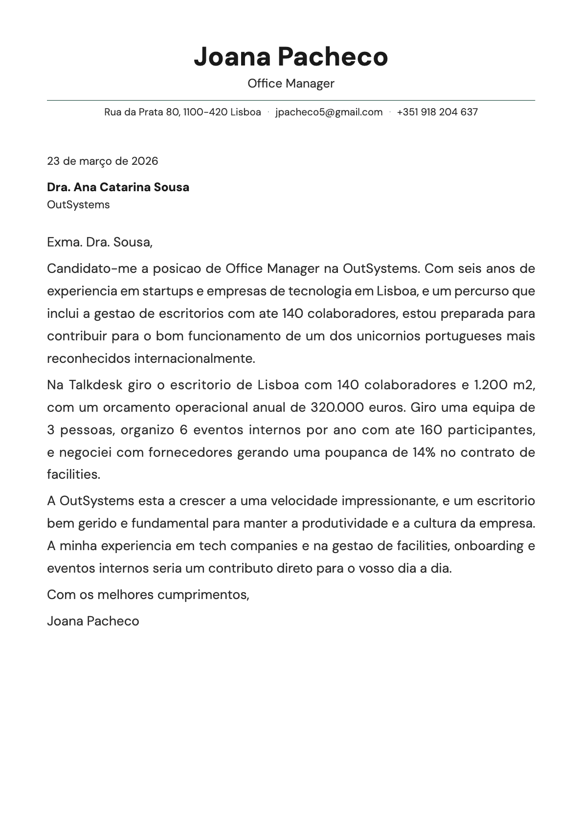 Office Manager cover letter example