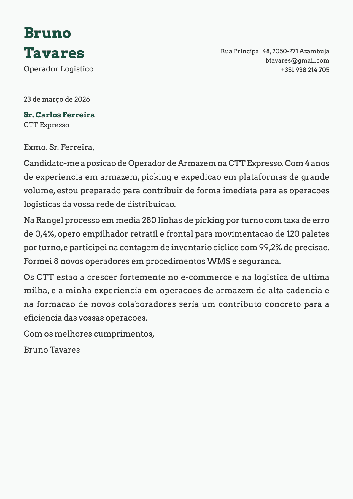 Operador Logistico cover letter example