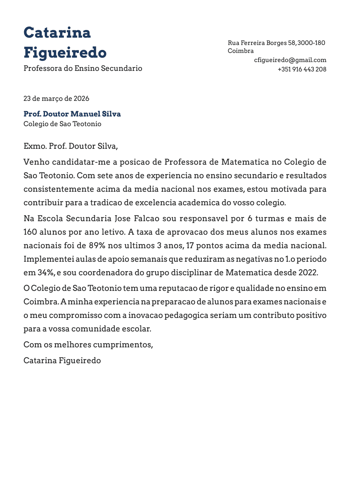 Professor do Ensino Secundário cover letter example