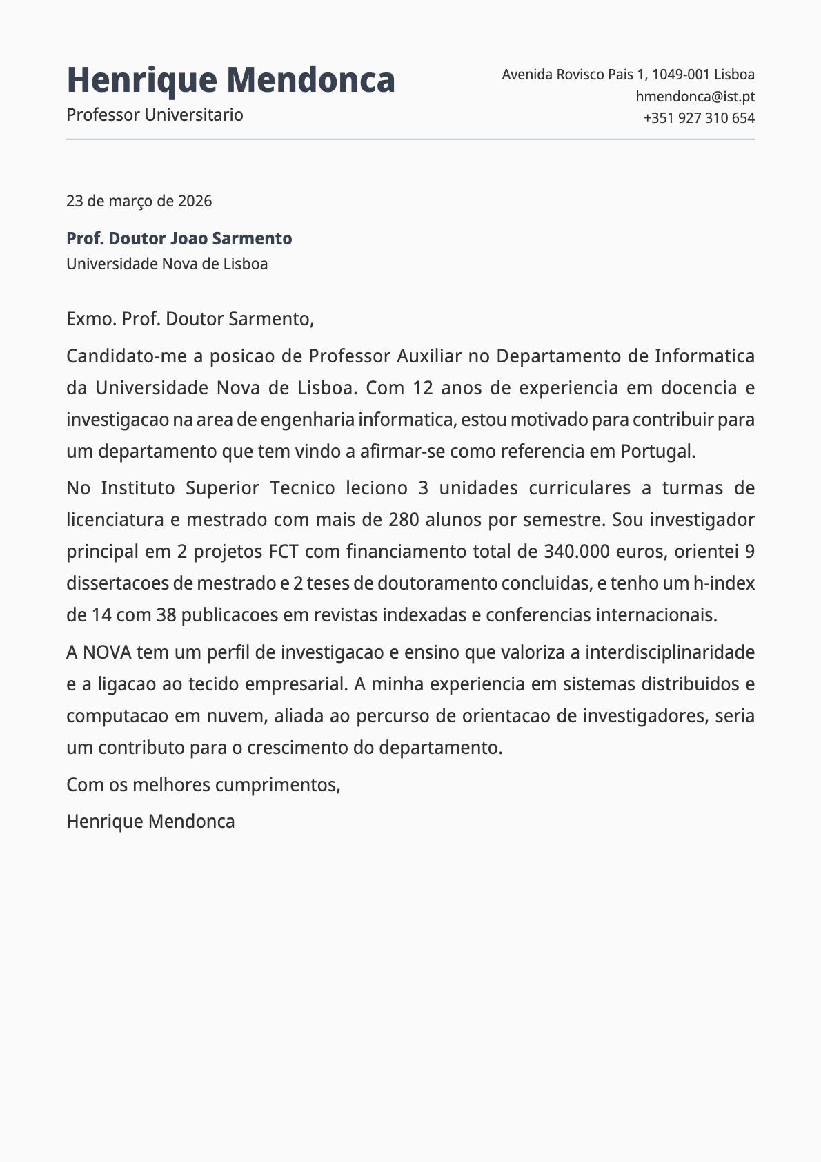 Professor Universitário cover letter example