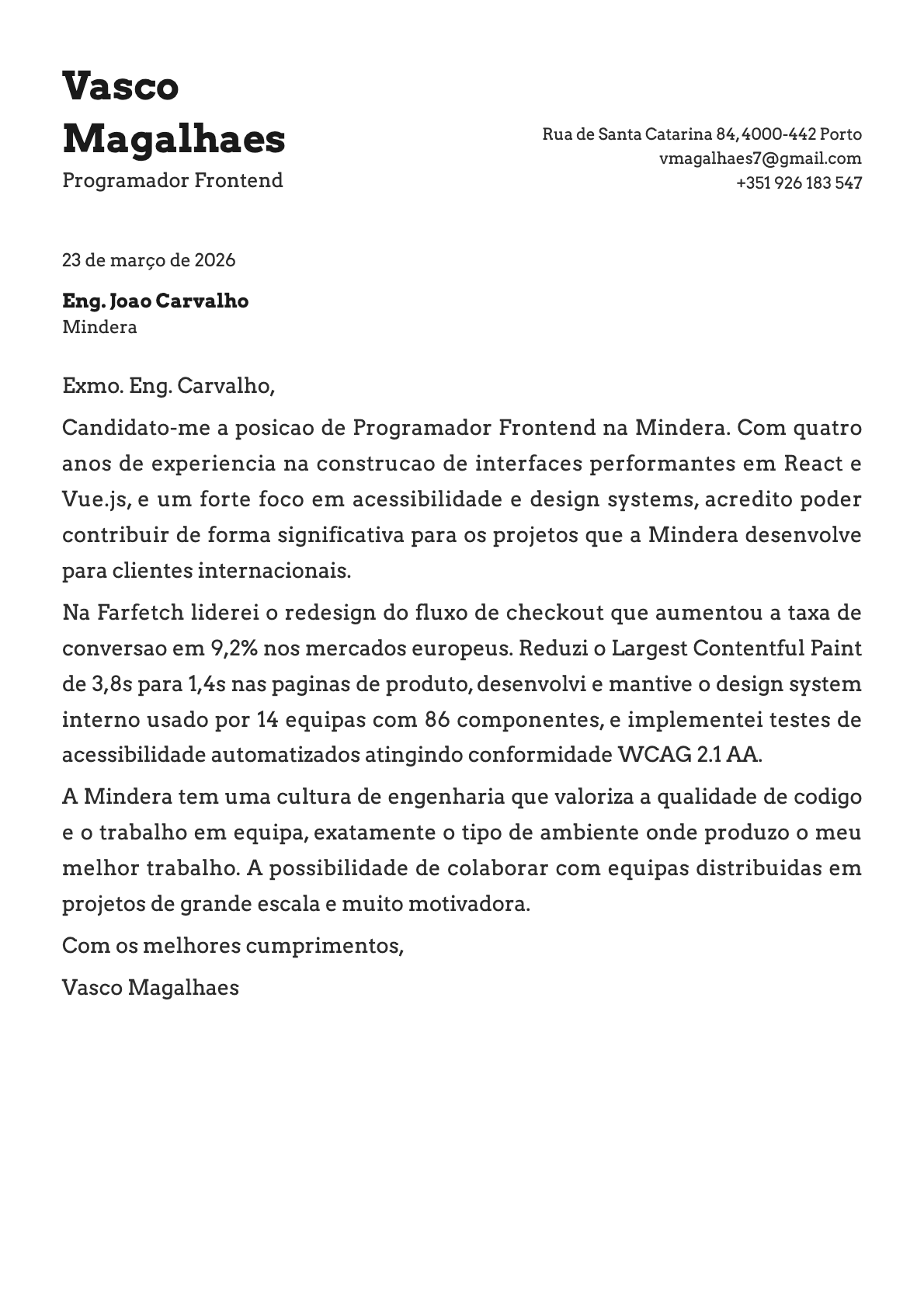 Programador Frontend cover letter example