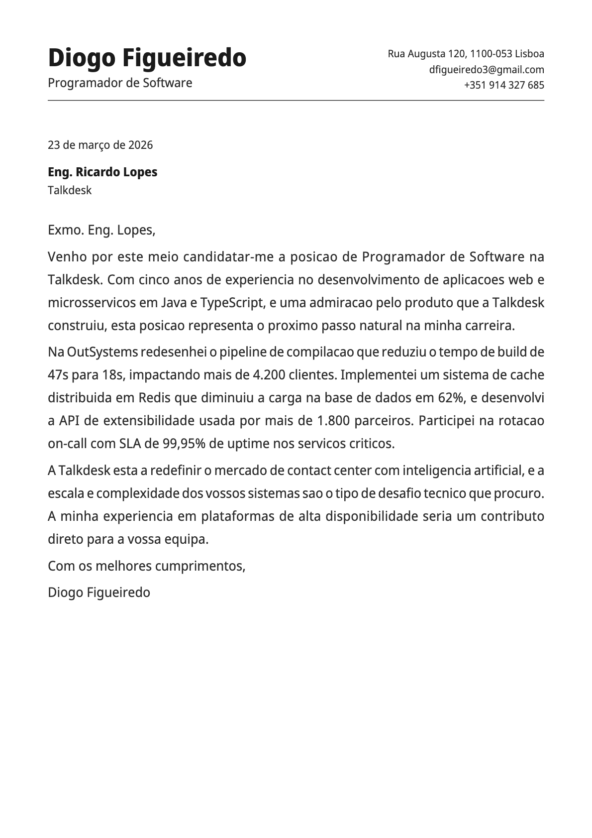Programador de Software cover letter example