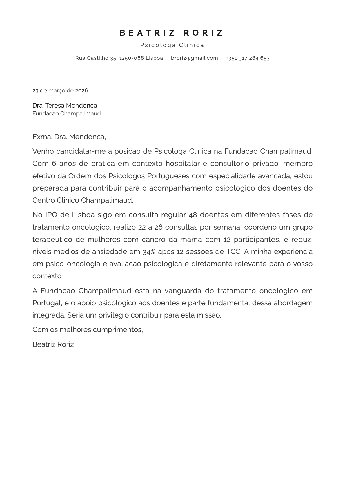 Psicologo cover letter example