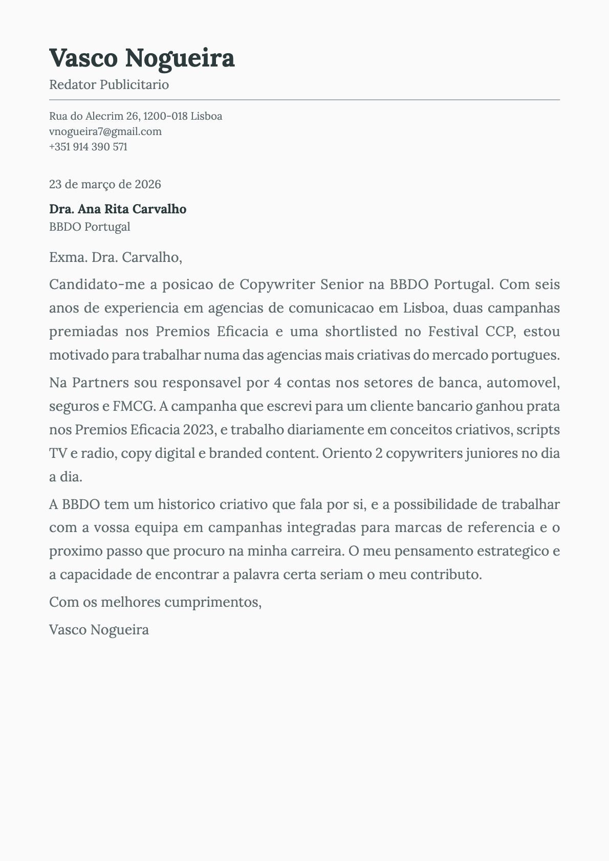 Redator Publicitário cover letter example