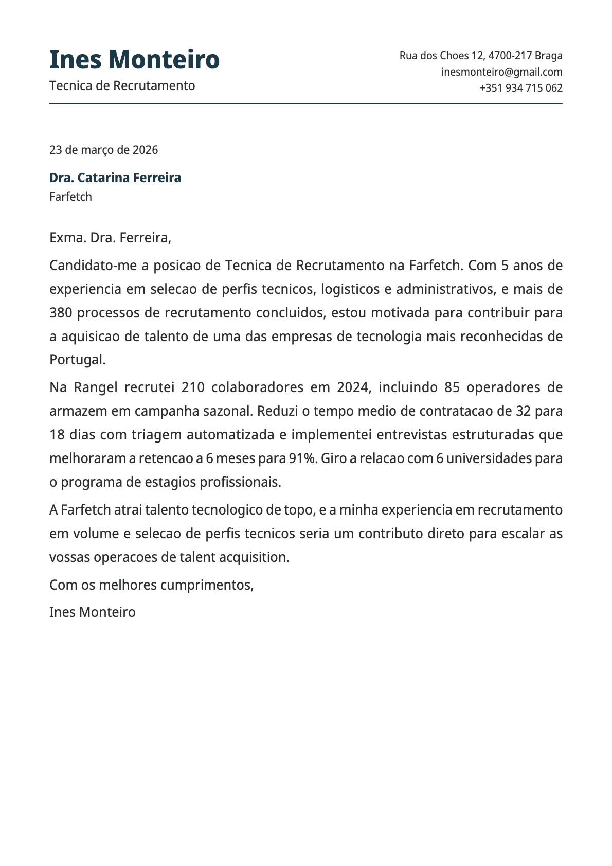 Técnico de Recrutamento cover letter example