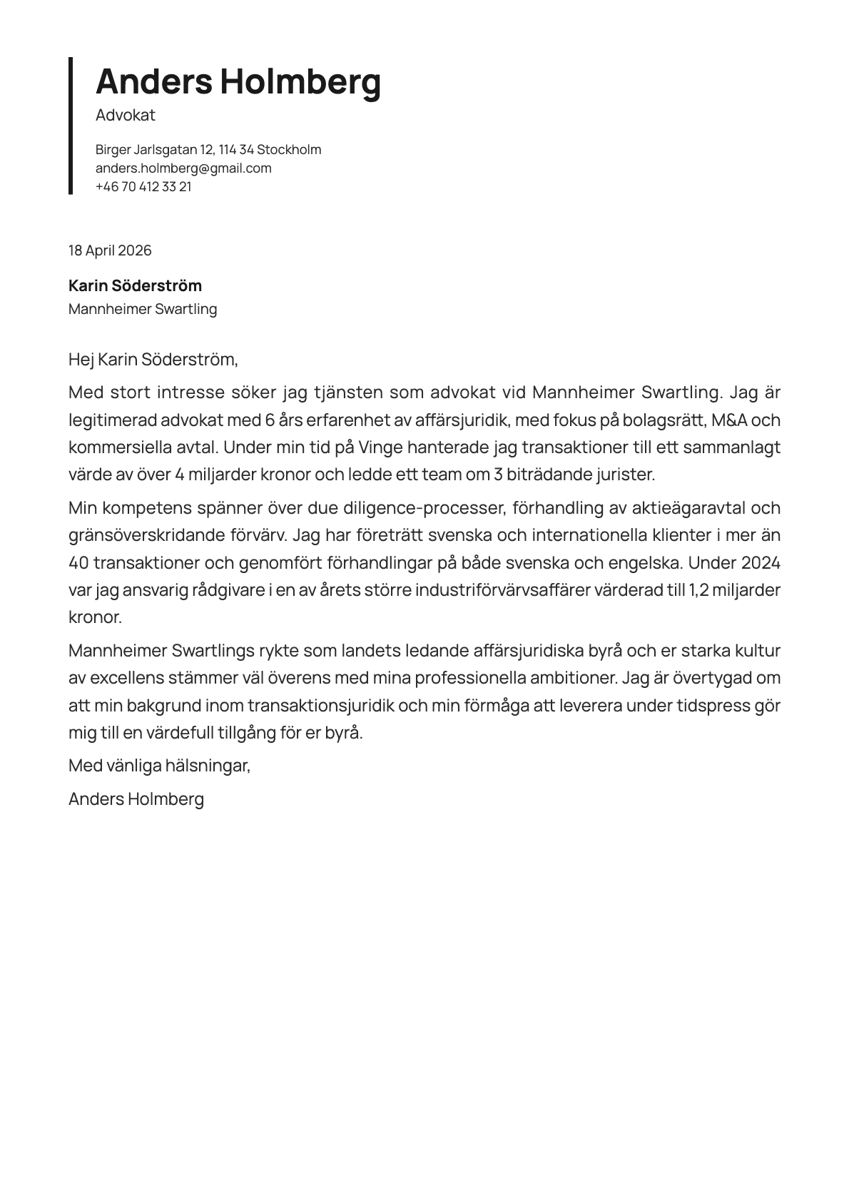 Advokat cover letter example
