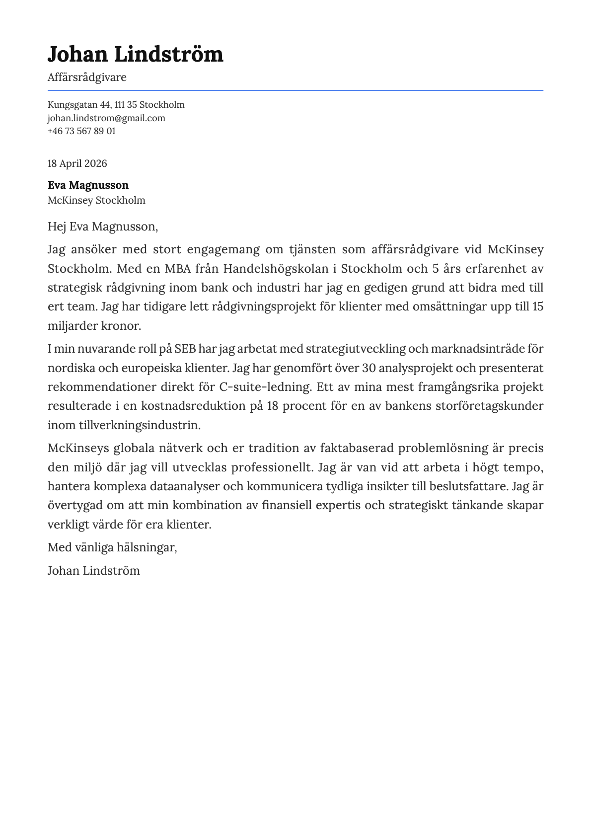 Affärsrådgivare cover letter example