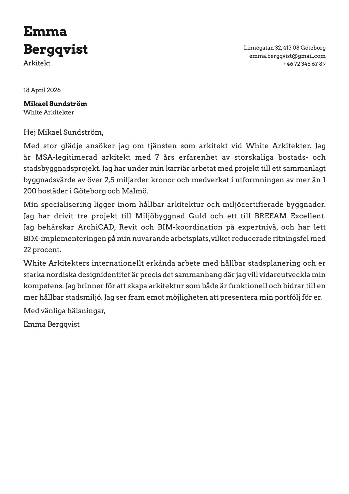 Arkitekt cover letter example