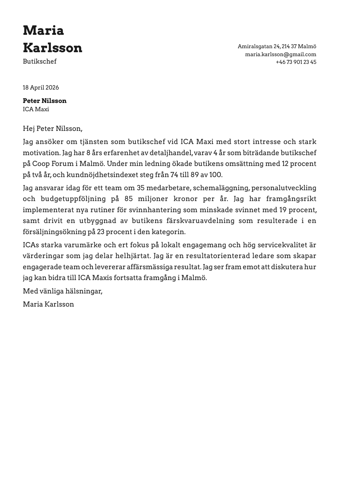 Butikschef cover letter example