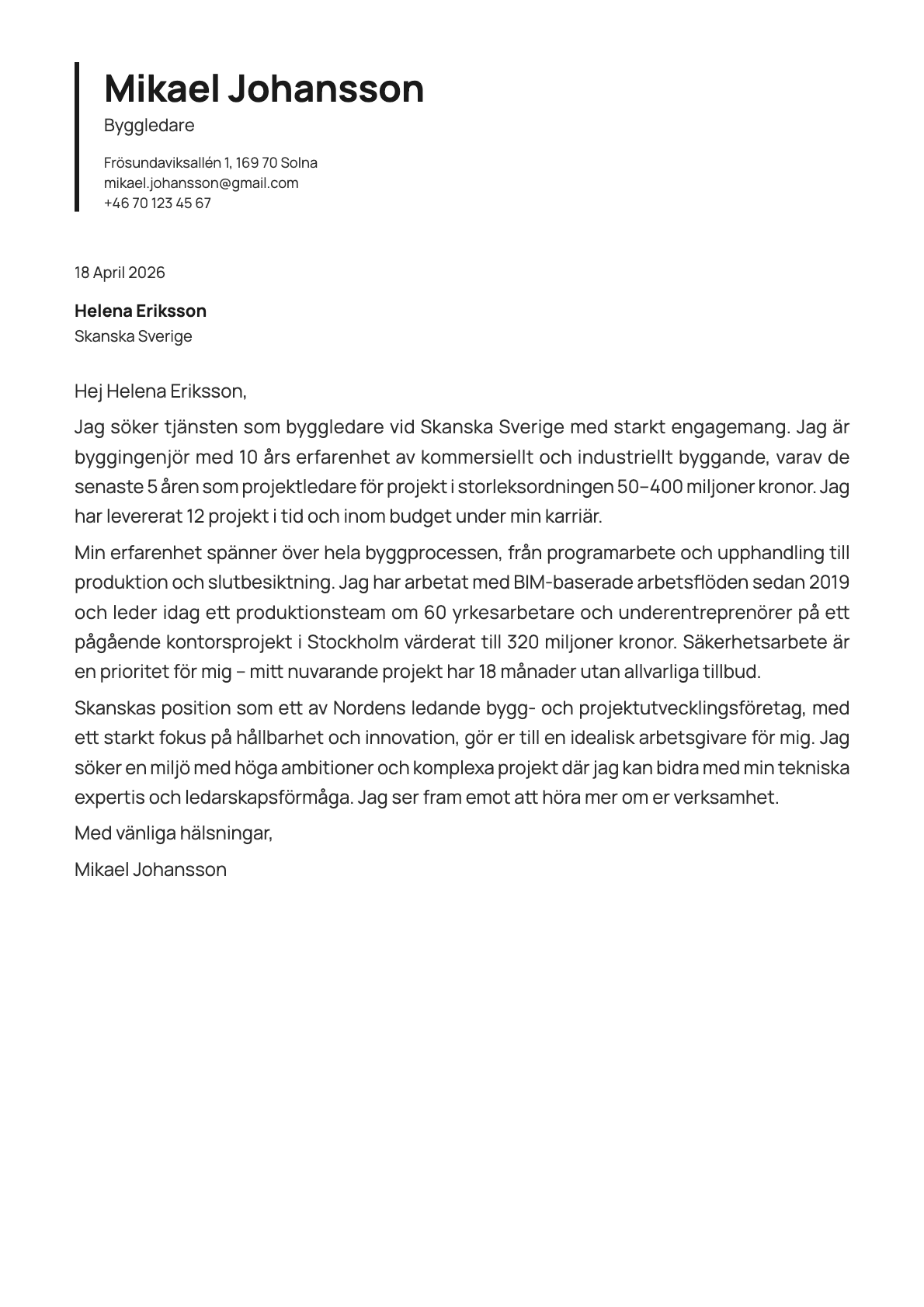 Byggledare cover letter example