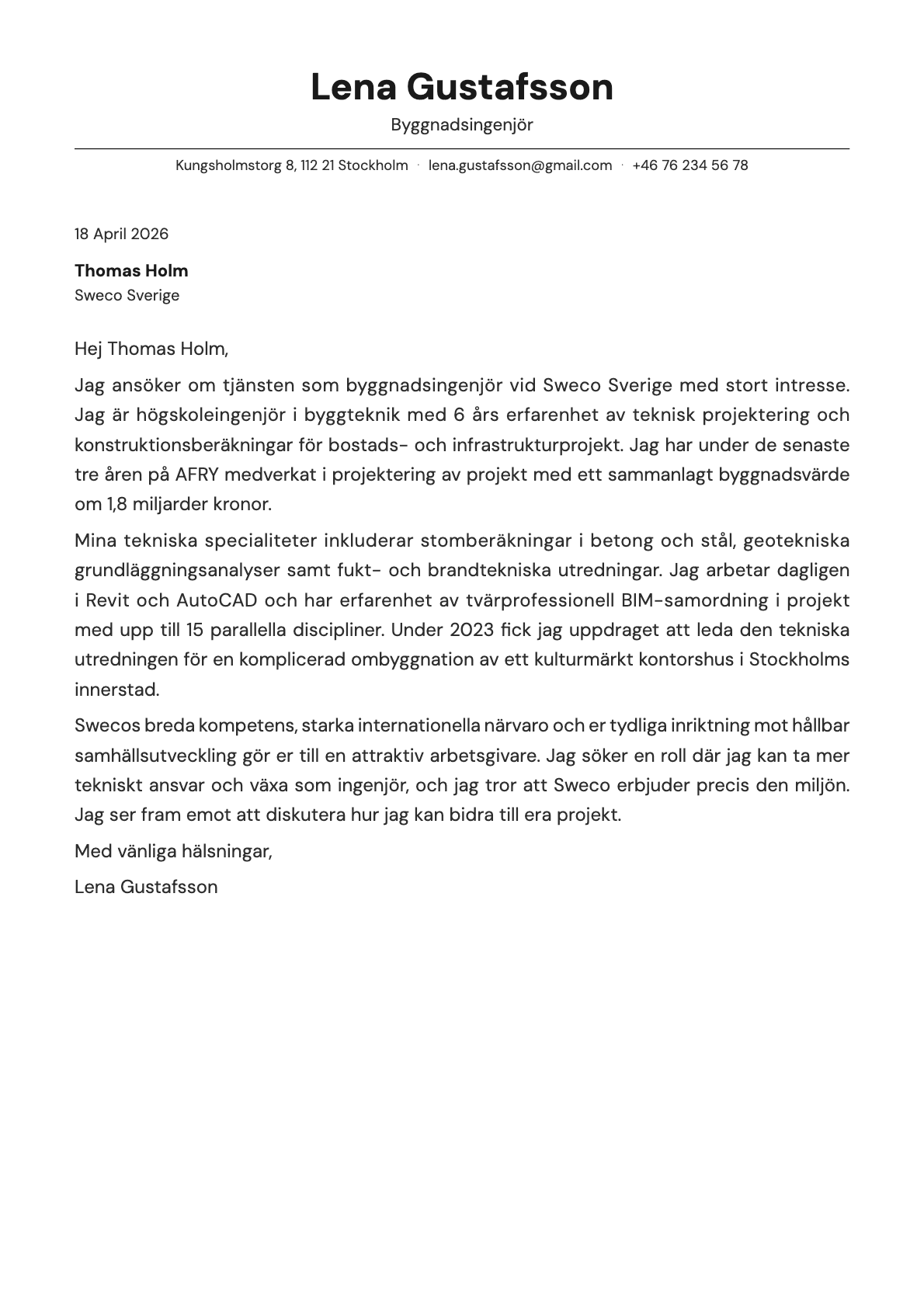 Byggnadsingenjör cover letter example