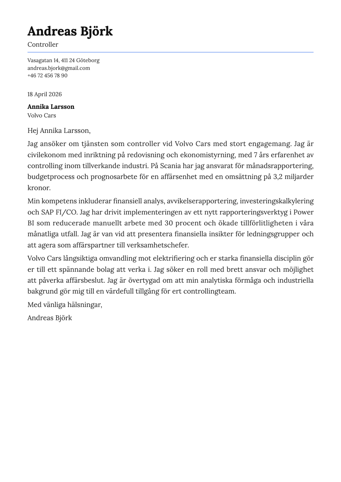 Controller cover letter