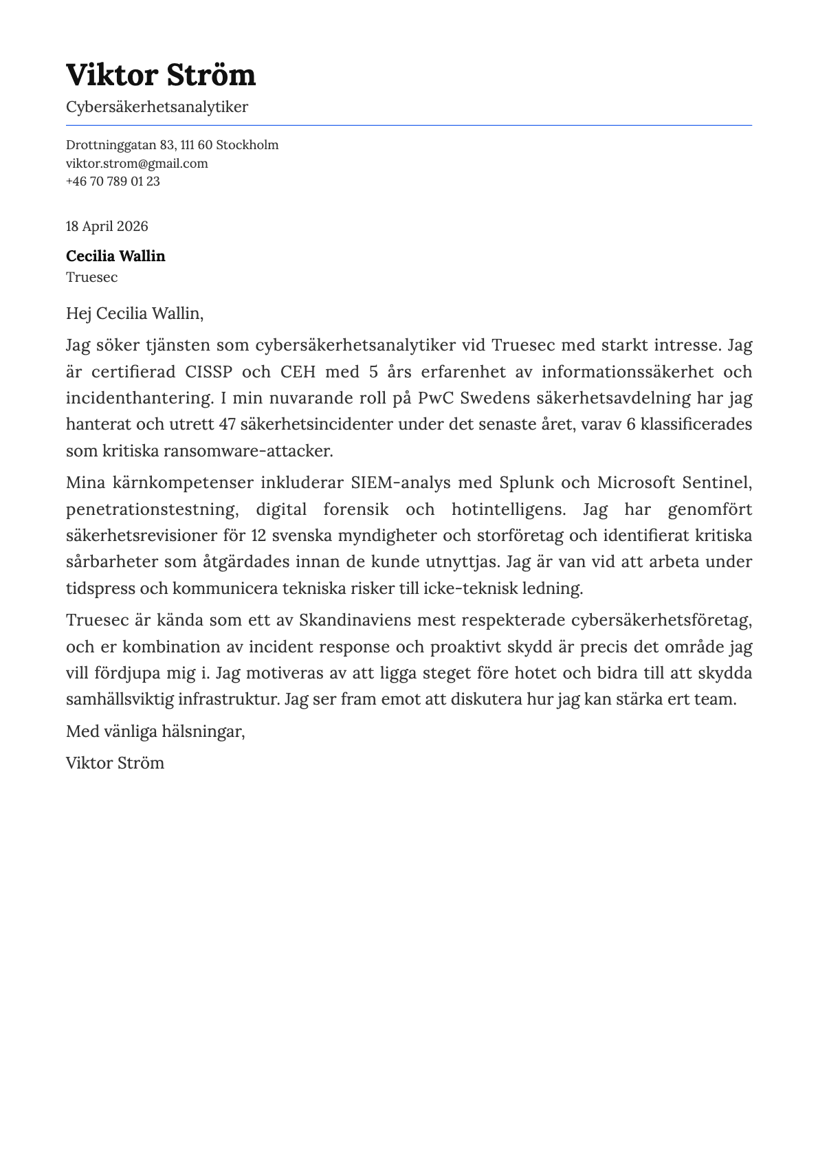 Cybersäkerhetsanalytiker cover letter example