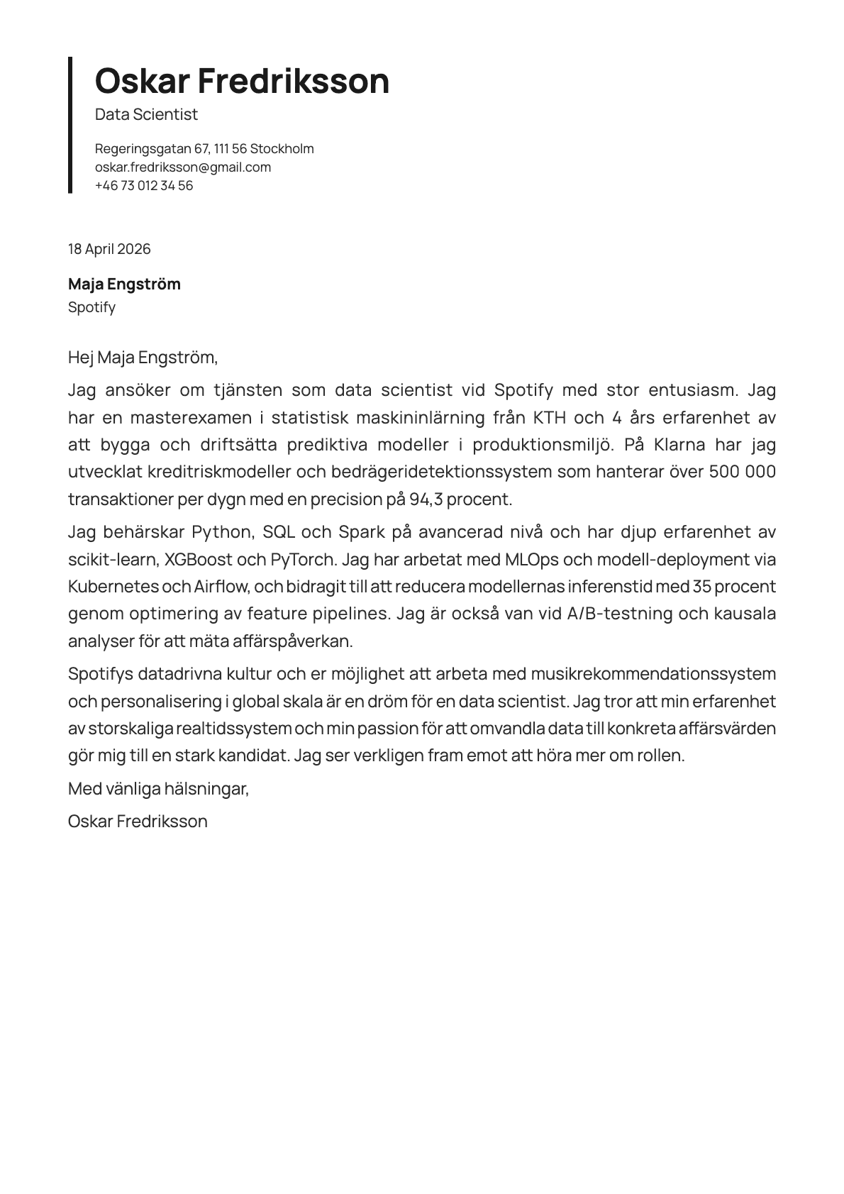 Data scientist cover letter example