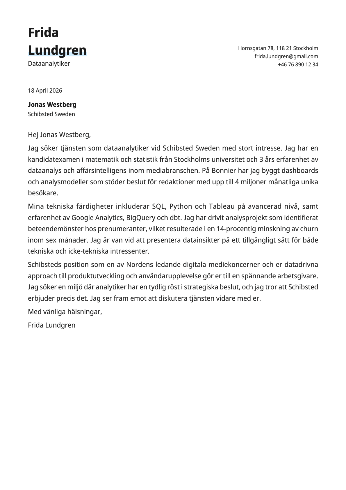 Dataanalytiker cover letter example