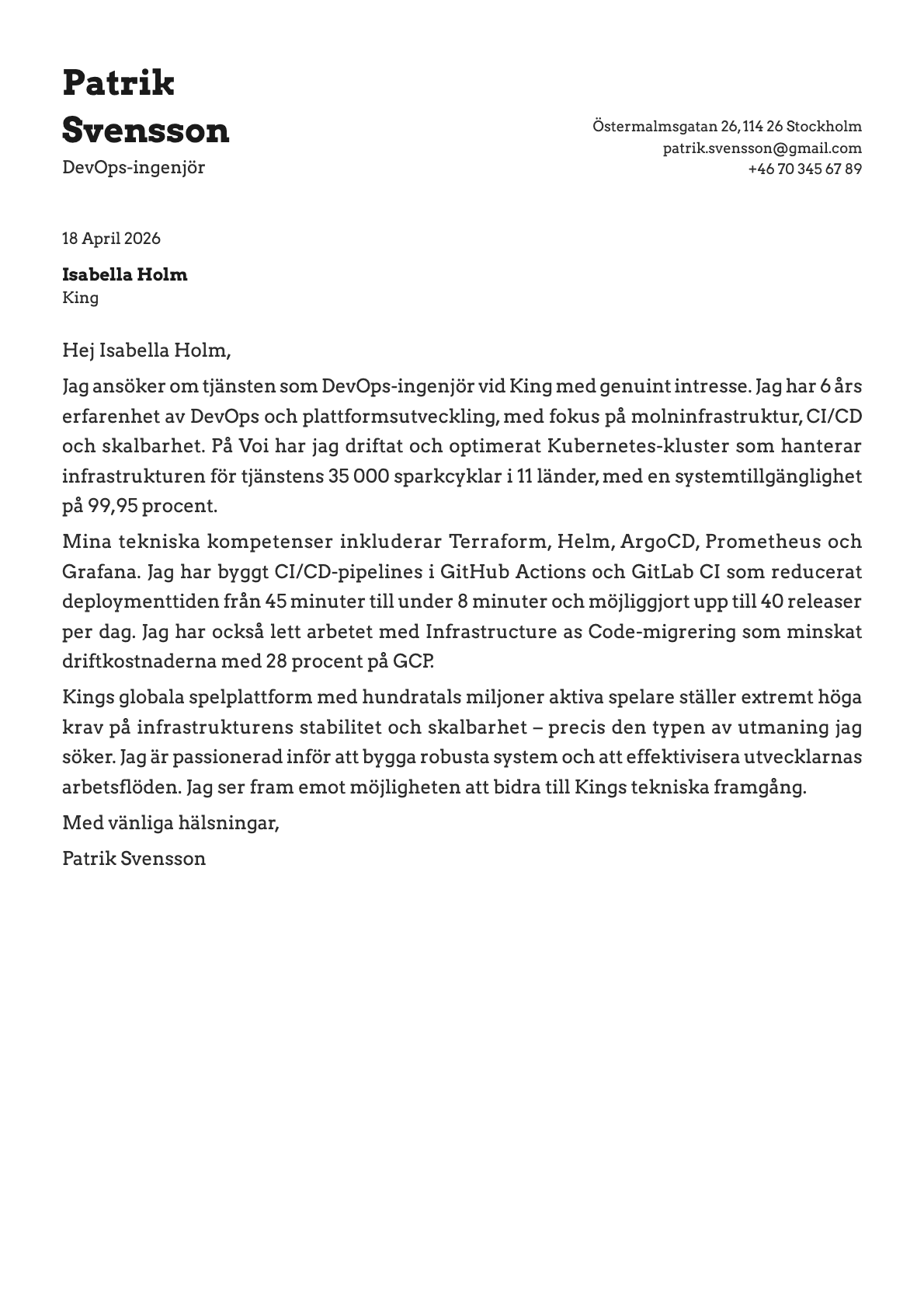 DevOps-ingenjör cover letter example