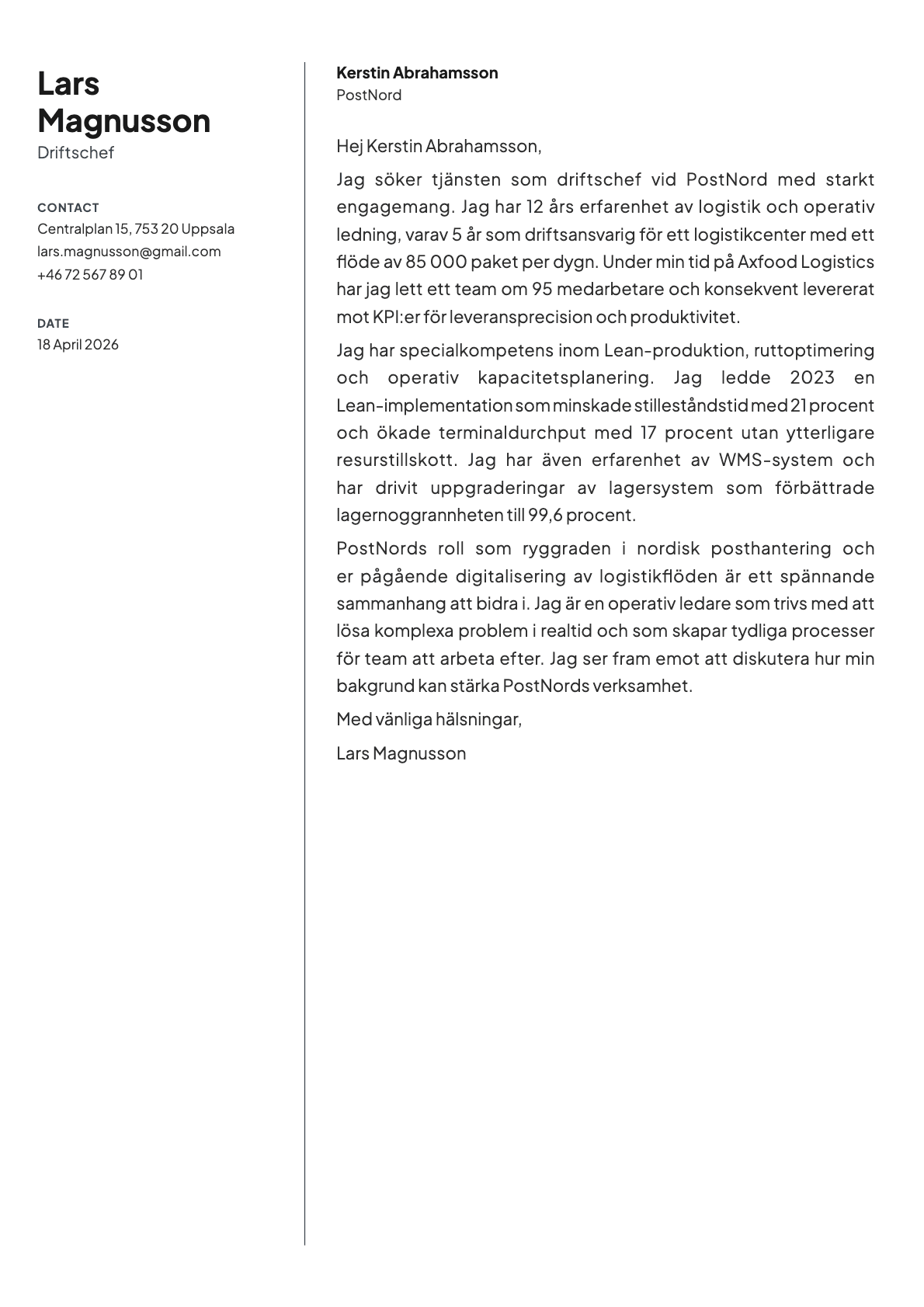 Driftschef cover letter example