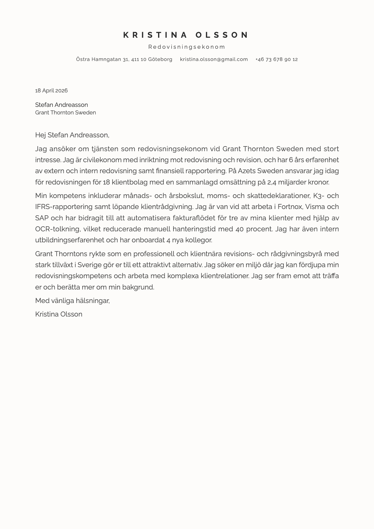 Redovisningsekonom cover letter example