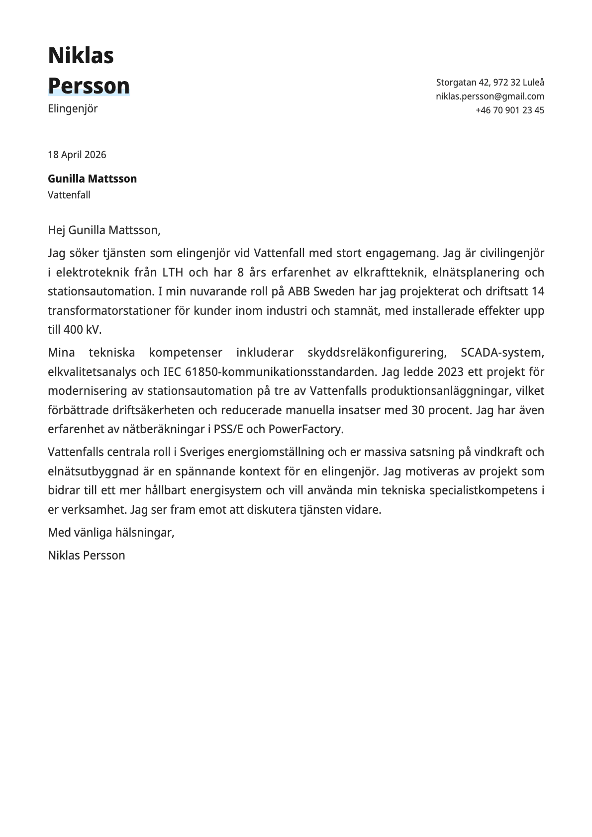 Elingenjör cover letter example