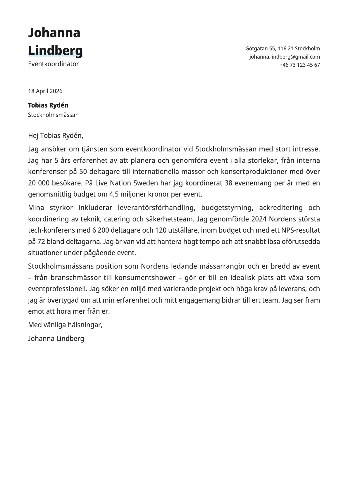 Eventkoordinator cover letter example