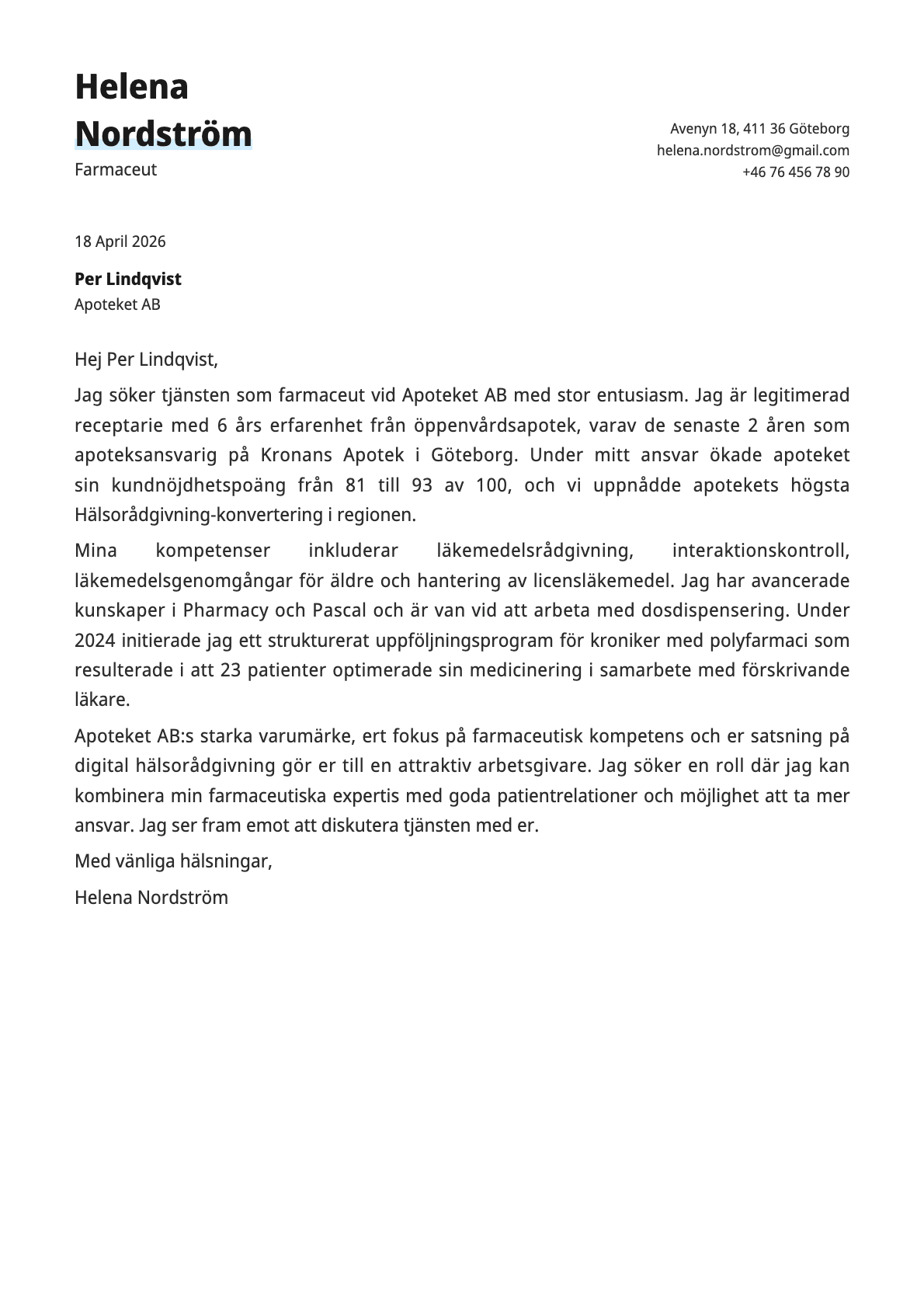 Farmaceut cover letter example