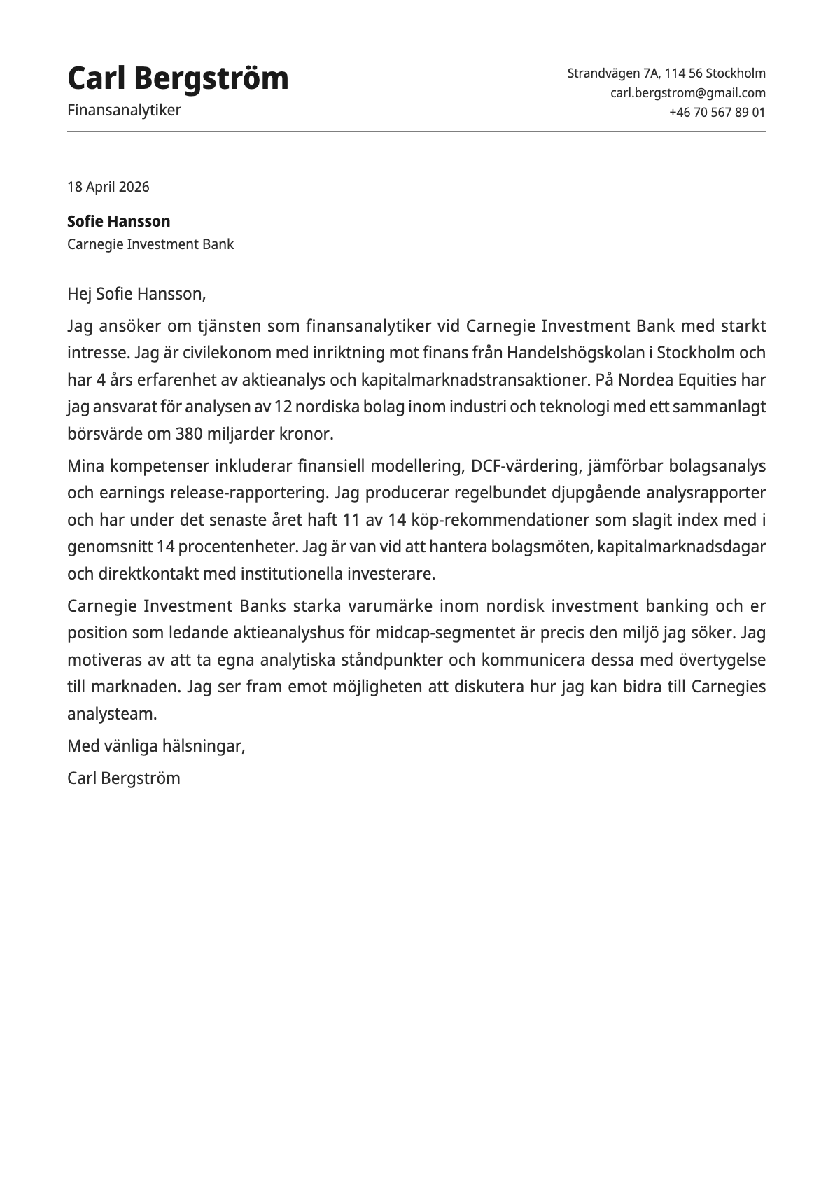 Finansanalytiker cover letter example