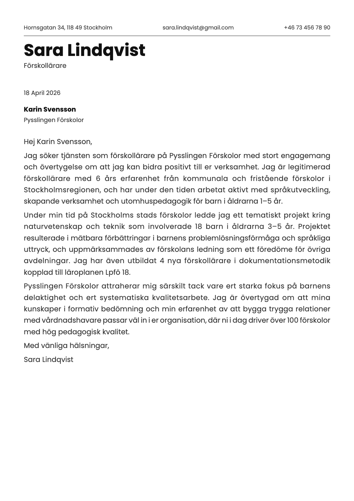 Förskollärare cover letter example