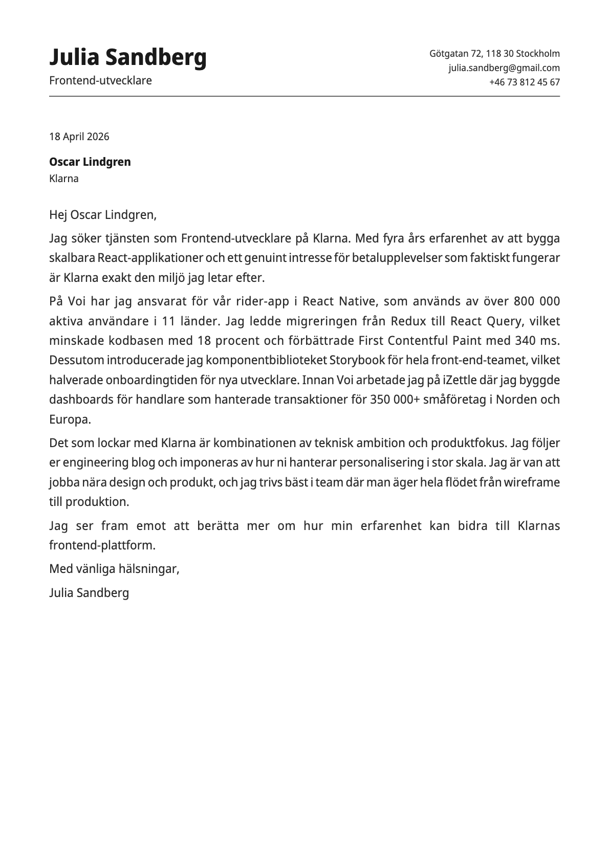 Frontend-utvecklare cover letter example