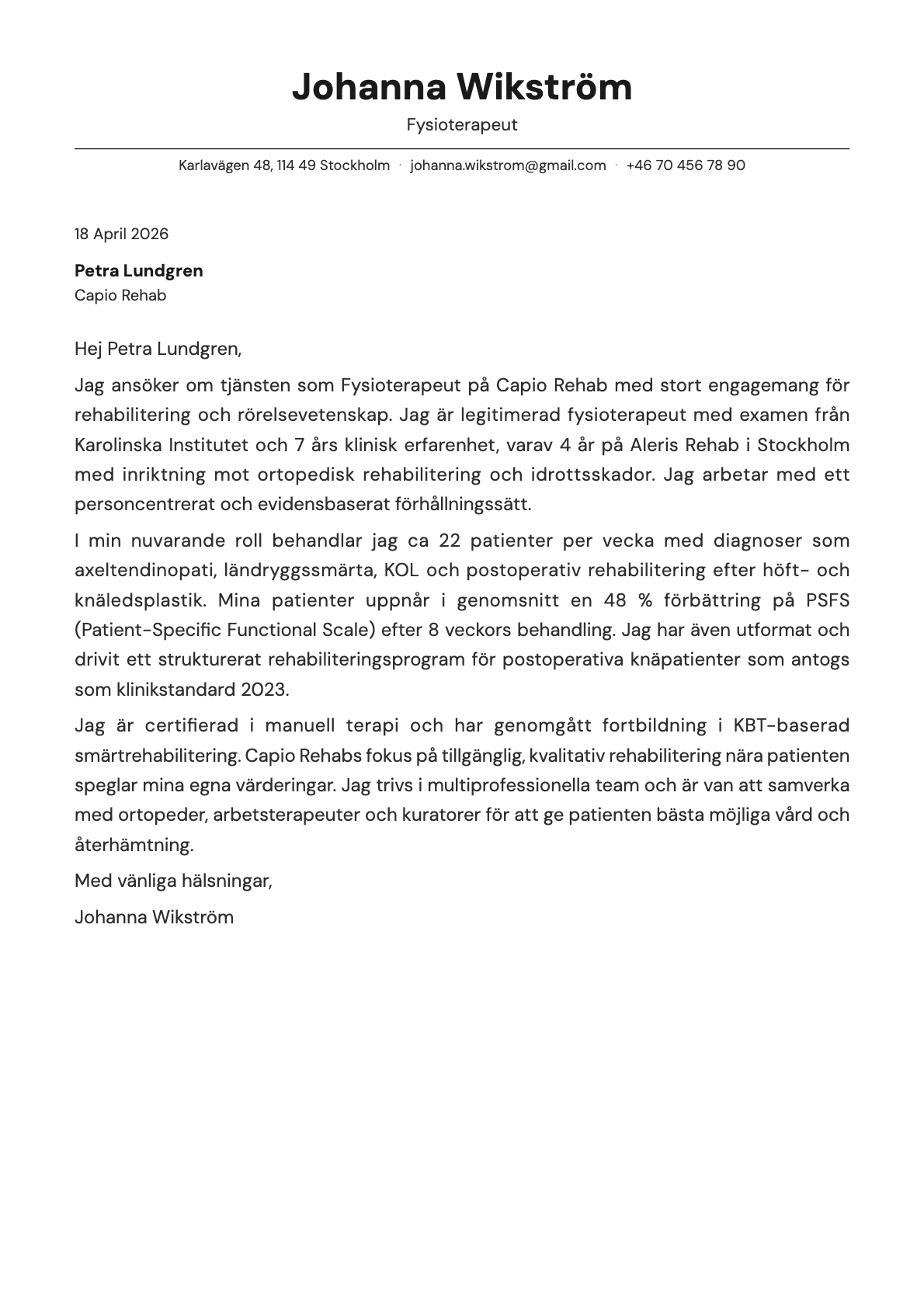 Fysioterapeut cover letter example