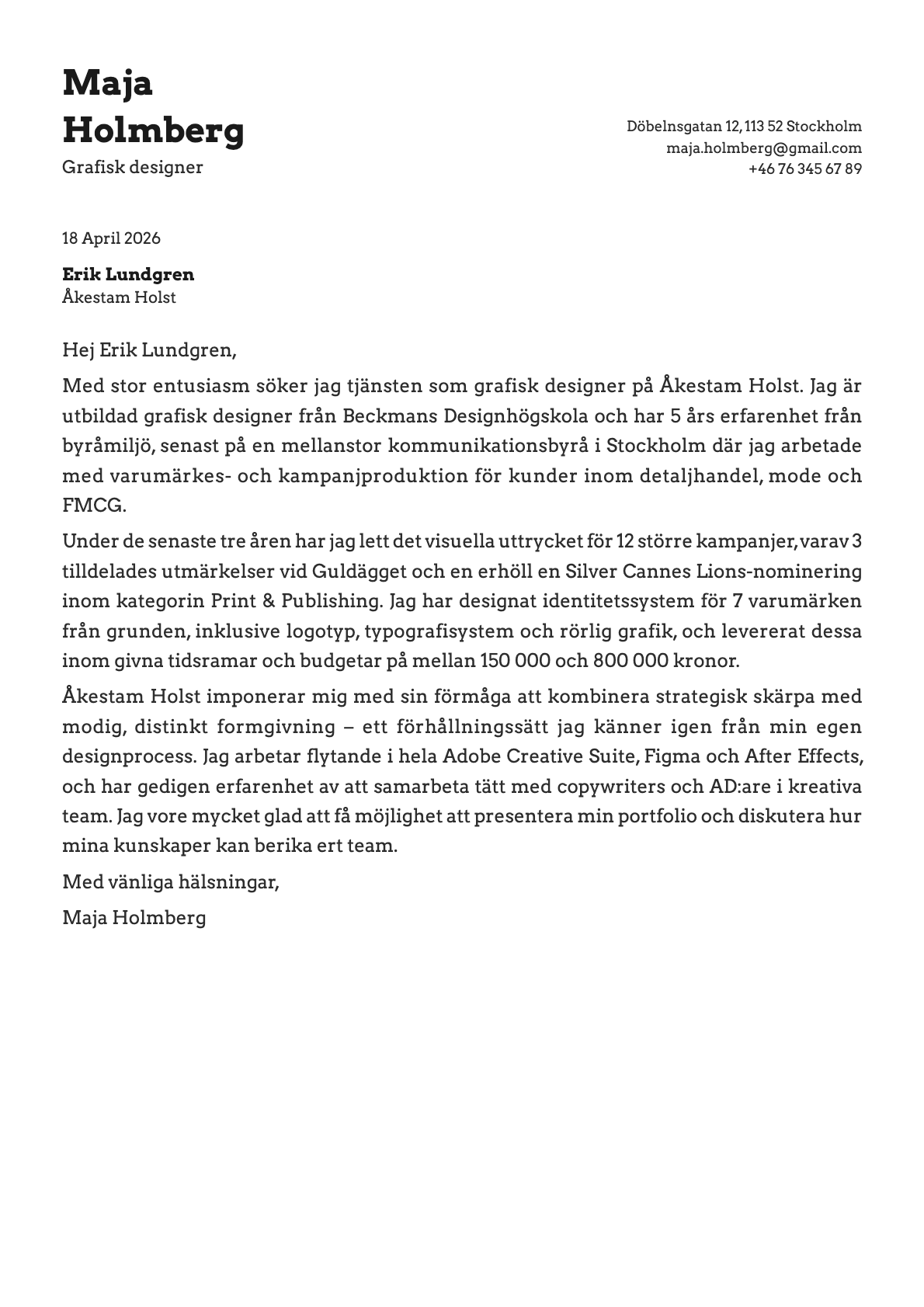 Grafisk designer cover letter example