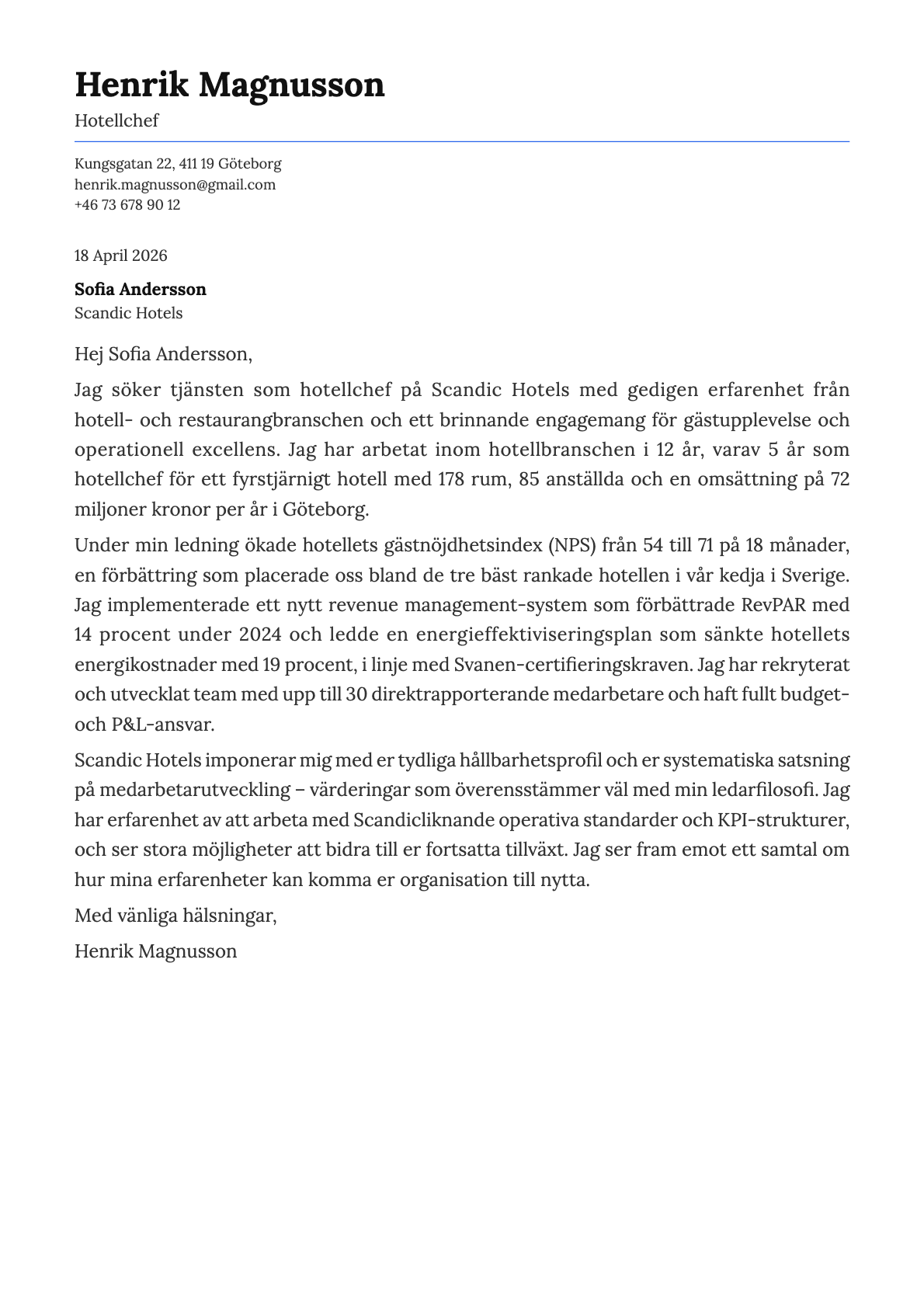 Hotellchef cover letter example