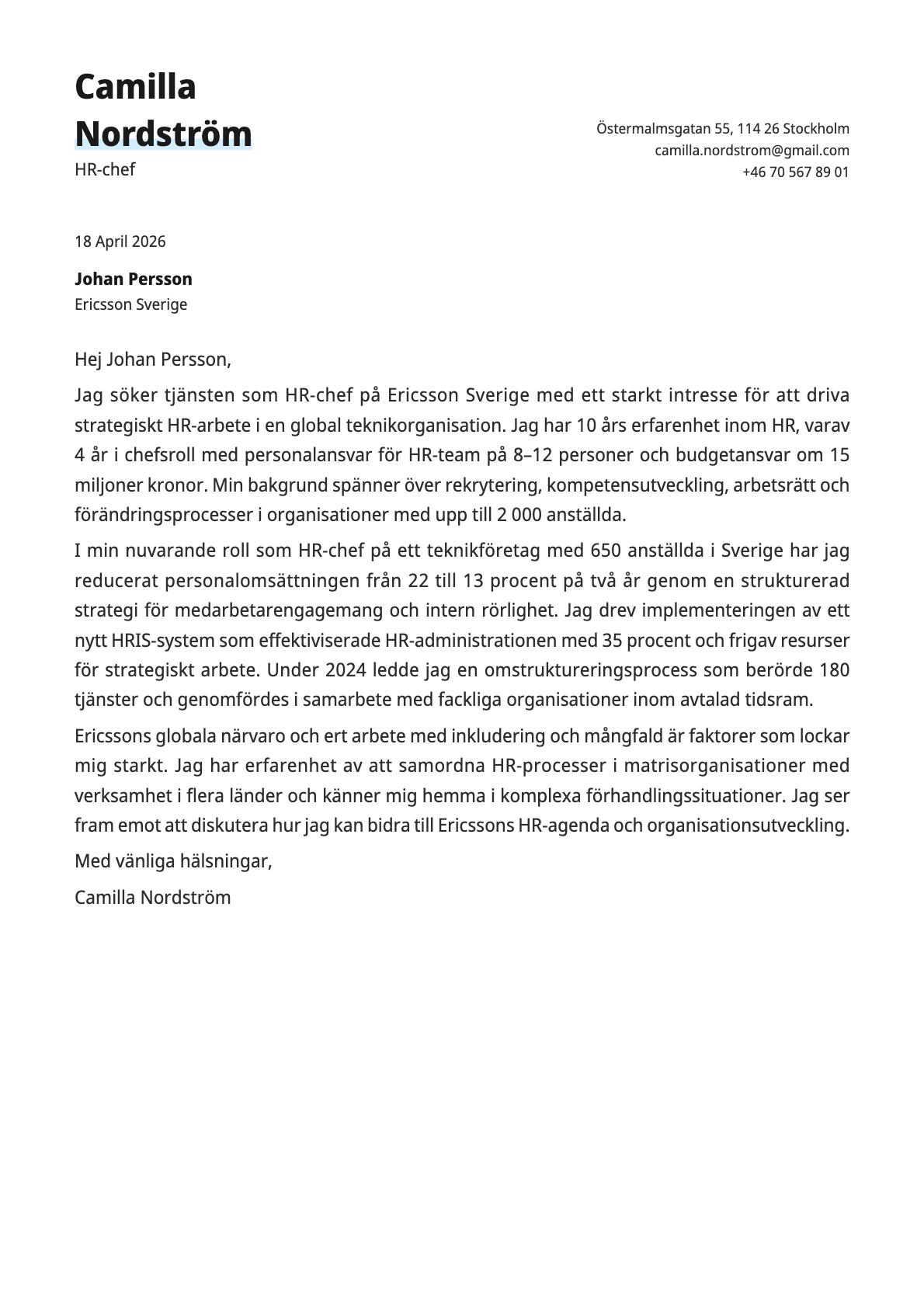 HR-chef cover letter example